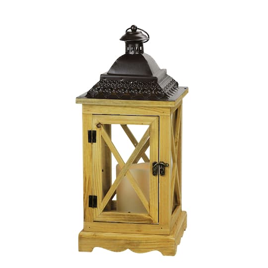 17.5" Rustic Wooden Lantern with Flameless Pillar Candle